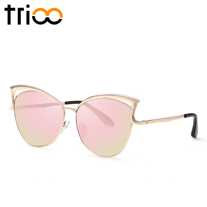 Trioo High Quality Cat Eye Women Sunglasses Rose Gold Metal Oculos De Sol Reflective Summer Pink 